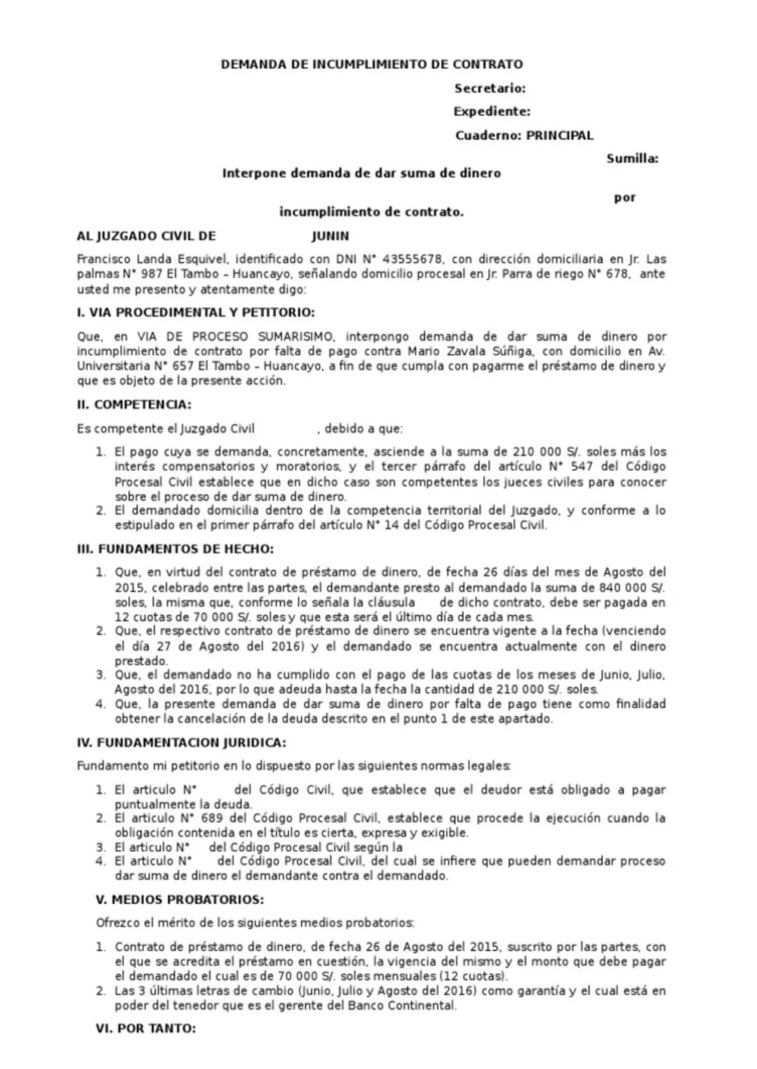 Modelo De Contrato De Demanda Por Incumplimiento De Contrato De Obra